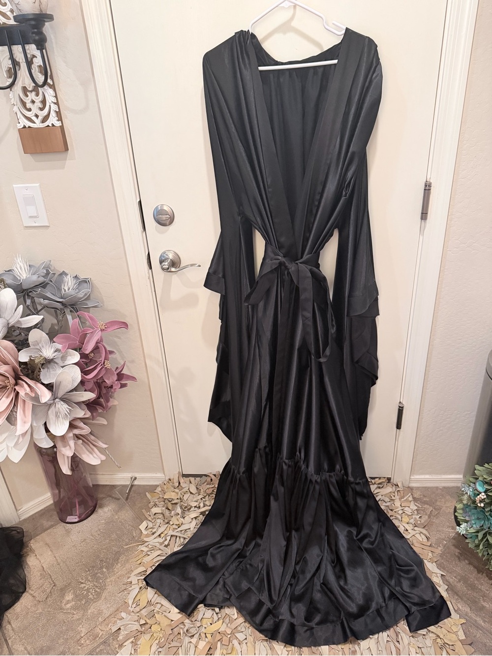 Custom Kimono Black Satin Robe with Waist Tie
